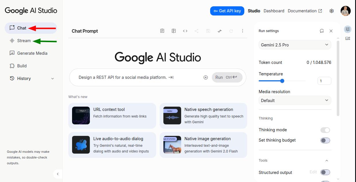 Interface do Google AI Studio Live