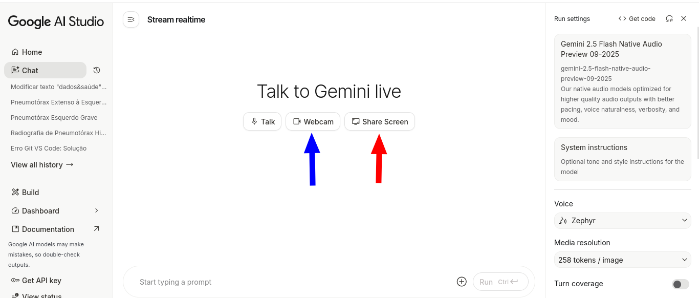 Interface do Google AI Studio Live
