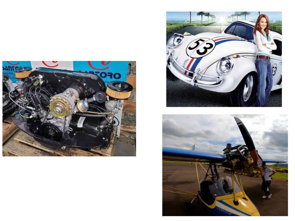 Analogia: o mesmo tipo de motor montado em veículos diferentes — um motor avulso, um carro e um ultraleve