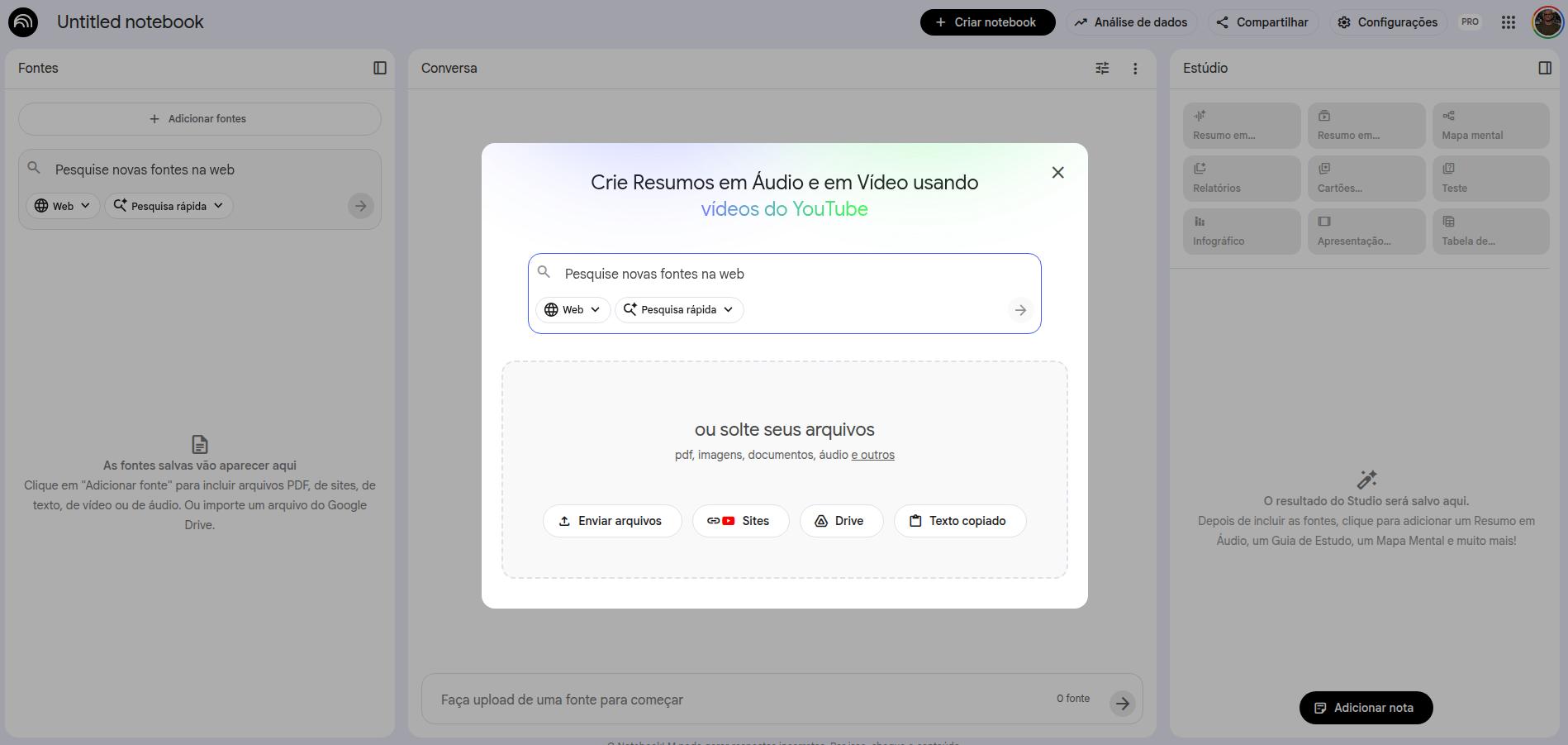 Interface de fontes do NotebookLM